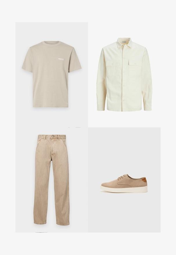 Světle béžová košile s dlouhým rukávem, límečkem, dvěma předními kapsami, zapínáním na knoflíky a strukturovanou tkaninou.; Béžové bavlněné tričko s krátkým rukávem a kulatým výstřihem, s malým bílým logem na levé hrudi, hladká textura a volný střih.; Béžové džíny z denimu se středně širokým střihem, vybavené předními kapsami, kovovým zapínáním na knoflík a jemnou texturou.; Béžové semišové tenisky s kulatou špičkou, šněrováním vpředu a texturovaným zadním akcentem. Bílá gumová podrážka poskytuje kontrast. Jednoduchý a moderní design.