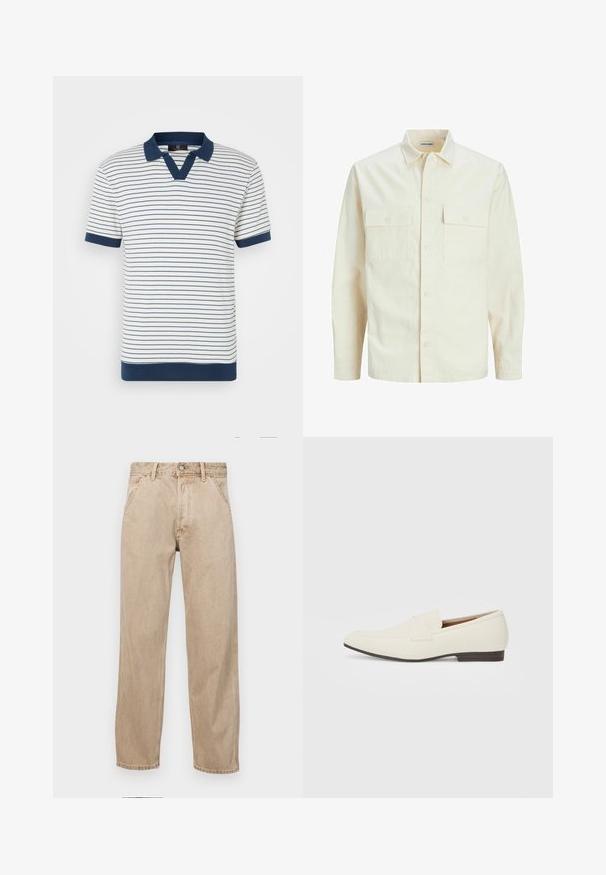 Světle béžová košile s dlouhým rukávem, límečkem, dvěma předními kapsami, zapínáním na knoflíky a strukturovanou tkaninou.; Pruhované bavlněné polo tričko s vertikálními námořnickými a bílými pruhy, námořnickým límcem a manžetami a designem ve tvaru V. Měkká textura.; Béžové džíny z denimu se středně širokým střihem, vybavené předními kapsami, kovovým zapínáním na knoflík a jemnou texturou.; Světlé béžové mokasíny s špičatou špičkou, hladkým materiálem, páskem přes nárt a nízkou hnědou podrážkou. Jednoduchý design s minimálními akcenty.