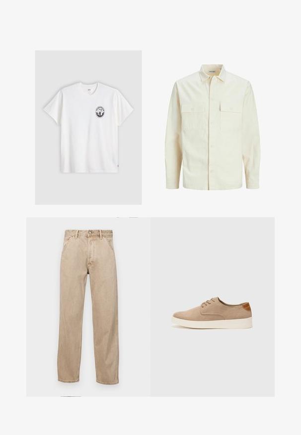 Kergedbež pika-särk pikkade varrukatega, krae ja kahe eespool asuva taskuga, nööpidega kinnitamine ja reljeefne materjal.; Valge puuvillane t-särk lühikeste varrukatega, ümmarguse kaelusega ja musta ringikujulise logoga vasakul rinnal, kus on stiliseeritud kujundus.; Bežidemini teksased sirgjoonise kujundusega, front pocket'itega, metallist nööbi kinnitusega ja peene tekstuuriga.; Beežid nahast tossud ümarate varvastega, paeltega esiosa ja tekstuuriga tagakontuuriga. Valge kummist tallapakkumine loob kontrasti. Lihtne ja kaasaegne disain.