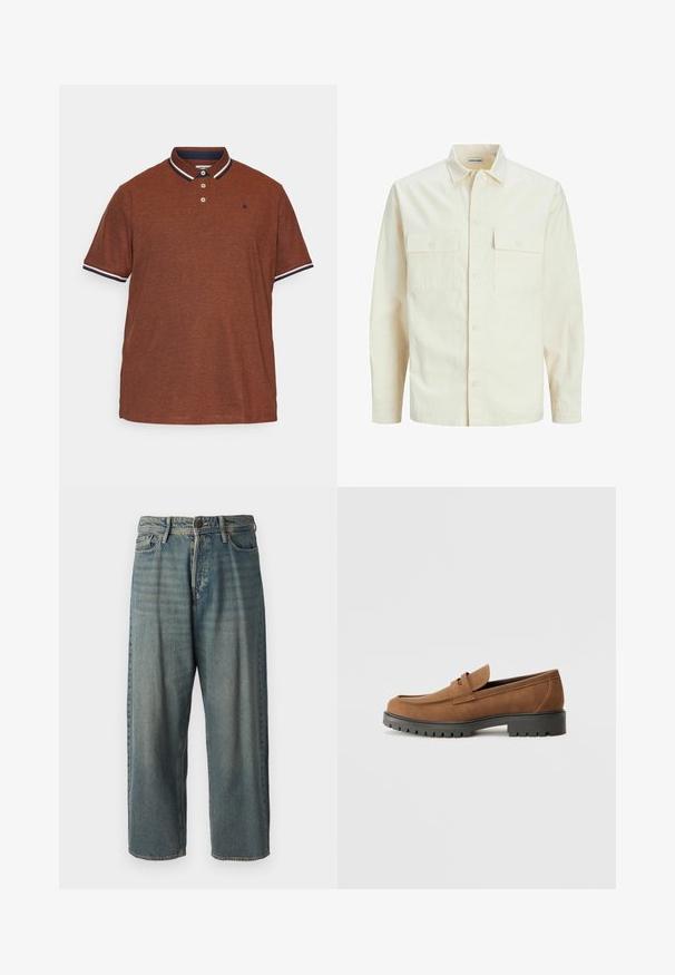 Világos bézs színű, hosszú ujjú ing, galléros nyakkal, két elülső zsebbel, gombos záródással és struktúrált anyaggal.; Barna pólóing, texturált anyagból készült, tengerészkék gallérral, fehér díszítéssel, három gombbal és kis logóval a mellrészen.; Világoskék farmernadrág, laza fazonnal, közepes derékbőséggel és egyenes szárral. Öt zsebet, övbucskát és gombos záródást tartalmaz.; Barna velúr mokaszin, lekerekített orral és alacsony fekete gumitalppal, díszes pánttal és varrott részletekkel a felsőrészen.