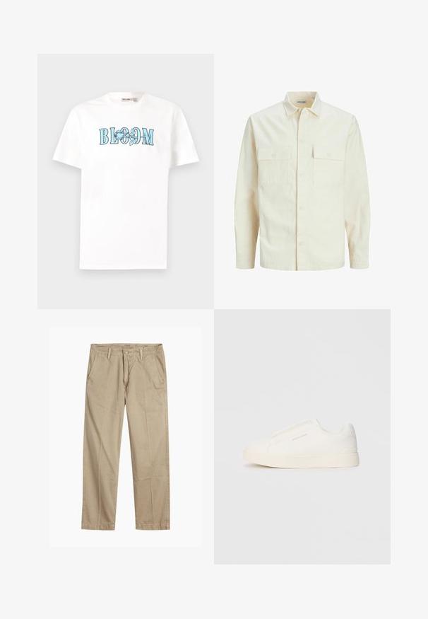 Hellbeige Langarmhemd mit klassischem Kragen, zwei Fronttaschen, Knopfverschluss und strukturiertem Stoff.; Weißes Baumwoll-T-Shirt mit kurzen Ärmeln und Rundhalsausschnitt, mit "BLOOM" in blauer Schrift und floralen Grafiken.; Beige gerade geschnittene Chinos mit Gürtelschlaufen, vorderem Knopf- und Reißverschlussverschluss sowie schrägen Fronttaschen.; Weiße Slip-On-Sneaker mit einer strukturierten Oberfläche, dicker Sohle und minimalistischem Design. Mit Logo der Marke an der Seite.