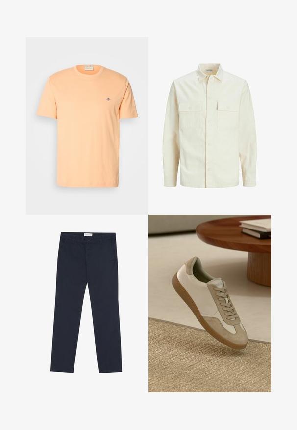 Kergedbež pika-särk pikkade varrukatega, krae ja kahe eespool asuva taskuga, nööpidega kinnitamine ja reljeefne materjal.; Lühikese varrukaga t-särk heledast virsiku puuvillast, millel on rindkeres väike sinine logo. Ümar kaelus sujuva tekstuuriga.; Tumedad sinised puuvillased chinos, millel on sile tekstuur, suletav lukuga, vöödetailid ja küljetaskud praktilisuse tagamiseks.; Kerge jooksutoss, millel on valgest nahast ülemine osa beezide seemisnahkdetailide ja ümmarguse varbaga, ning tekstureeritud pruun kummitald.