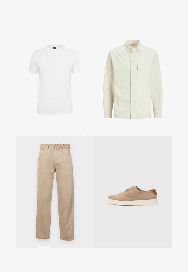 Kergedbež pika-särk pikkade varrukatega, krae ja kahe eespool asuva taskuga, nööpidega kinnitamine ja reljeefne materjal.; Valge lühikeste varrukatega t-särk, valmistatud puuvillast, ümarate vahekohtadega ja sileda tekstuuriga, mõeldud igapäevaseks kandmiseks.; Bežidemini teksased sirgjoonise kujundusega, front pocket'itega, metallist nööbi kinnitusega ja peene tekstuuriga.; Beežid nahast tossud ümarate varvastega, paeltega esiosa ja tekstuuriga tagakontuuriga. Valge kummist tallapakkumine loob kontrasti. Lihtne ja kaasaegne disain.