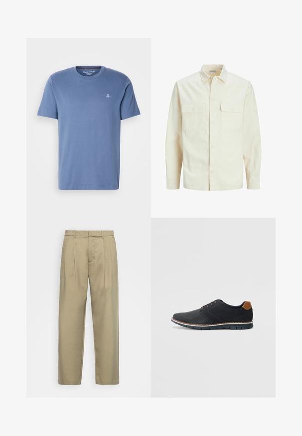 Cămașă lungă cu mâneci lungi de culoare bej deschis, cu guler, două buzunare frontale, închidere cu butoane și un material texturat.; Tricou din bumbac de culoare albastră, cu guler rotund, cu mâneci scurte și un mic logo alb "MOP" pe piept. Textură netedă și croială regulară.; Pantaloni bej, cu talie înaltă, cu croială dreaptă, având un front neted, buzunare laterale și un material neted, texturat.; Pantofi sintetici negri cu un superior texturat, accente netede, toc maro și o talpă contrastantă. Prezintă un șnur minimalist și detalii de cusătură.