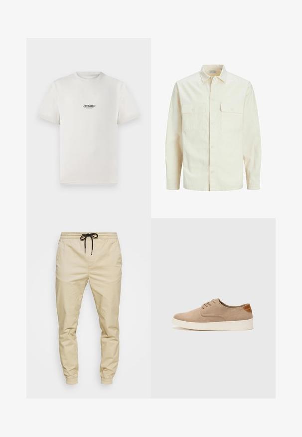 Hellbeige Langarmhemd mit klassischem Kragen, zwei Fronttaschen, Knopfverschluss und strukturiertem Stoff.; Weißes Baumwoll-T-Shirt mit kurzen Ärmeln, das ein schwarzes "JJ Studios"-Logo auf der Brust zeigt. Rundhalsausschnitt und Standardpassform.; Beige Jogginghosen mit elastischem Bund und verstellbarem schwarzen Kordelzug. Eng zulaufende Beine mit elastischen Bündchen, glatte Stofftextur.; Beige Wildleder-Sneaker mit runder Zehenpartie, Schnürung und strukturiertem Rückenteil. Die weiße Gummisohle sorgt für einen Kontrast. Einfaches und modernes Design.