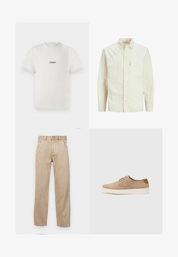 Lys beige langærmet skjorte med krave, to forlommer, knaplukning og et tekstureret stof.; Hvid bomuld t-shirt med korte ærmer, prydet med et sort "JJ Studios" logo på brystet. Rund hals og standard pasform.; Beige denimjeans med lige bendesign, med forlommer, metalknaplukning og subtil struktur.; Beige ruskinds sneakers med rund tå, snørebånd foran og en struktureret rygdetalje. Hvid gummisål giver kontrast. Enkel og moderne design.