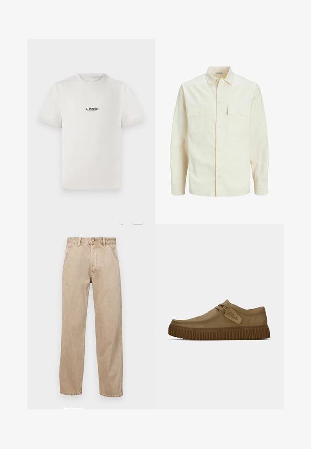 Cămașă lungă cu mâneci lungi de culoare bej deschis, cu guler, două buzunare frontale, închidere cu butoane și un material texturat.; Tricou alb din bumbac, cu mâneci scurte, având un logo negru "JJ Studios" pe piept. Design cu guler rotund și croială standard.; Jeans din denim bej cu un design drept, care prezintă buzunare frontale, închidere cu buton metalic și o textură subtilă.; Pantofi din suede maro deschis, cu vârful rotund, detalii cusute și talpă din cauciuc maro nervurată. Prezintă un eticheta laterală cu logo-ul "Clarks".
