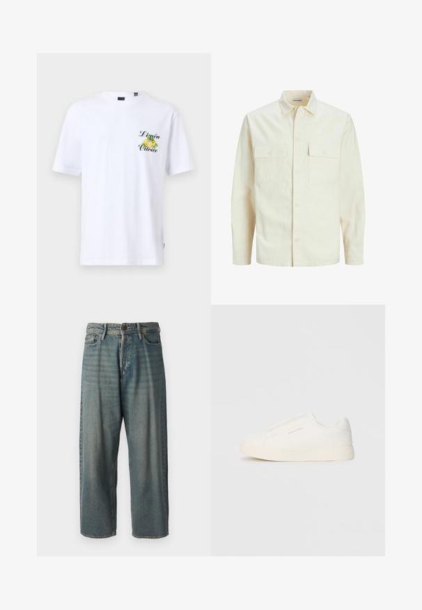 Lys beige langærmet skjorte med krave, to forlommer, knaplukning og et tekstureret stof.; Hvid bomulds T-shirt med korte ærmer, prydet med et grønt og gult citron grafisk design med "Limón Cítrico" trykt i sort på brystet.; Lyseblå denim jeans med løs pasform, mellemhøj talje og lige ben. Har fem lommer, bæltestropper og en knappelukning.; Hvide slip-on sneakers med en struktureret overflade, en tyk sål og et minimalistisk design. Har brandlogoet på siden.