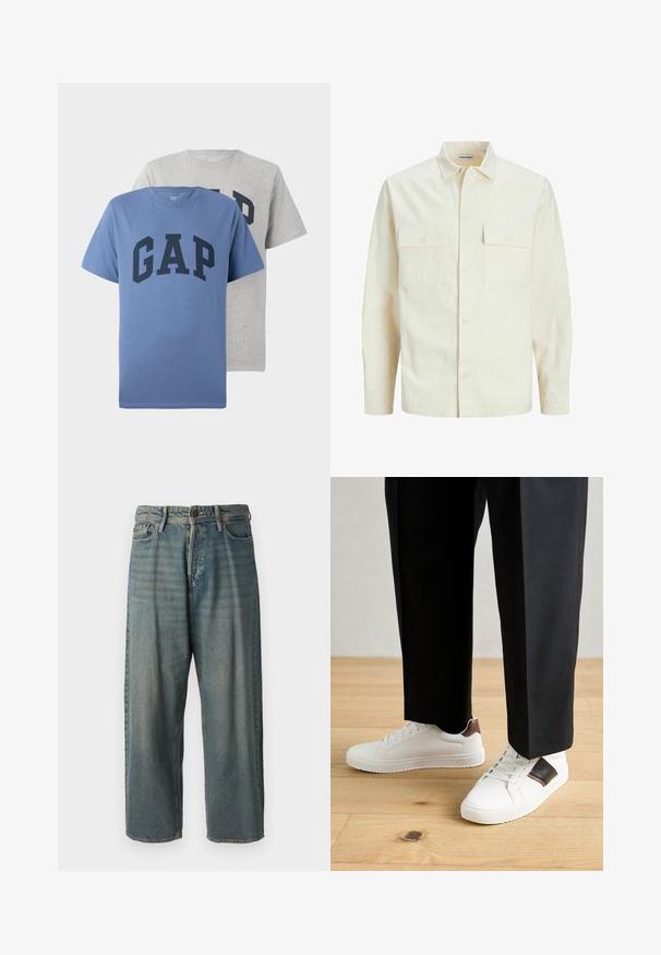 Chemise longue à manches longues beige clair avec un col, deux poches frontales, fermeture à boutons et un tissu texturé.; Deux T-shirts à manches courtes col rond, un bleu et un gris, tous deux ornés d'un grand texte "GAP" en marine sur la poitrine.; Jeans en denim bleu clair avec une coupe ample, taille mi-haute et jambes droites. Comprend cinq poches, des passants de ceinture et une fermeture à bouton.; Des sneakers blanches au texture lisse, avec des accents en cuir marron et des détails noirs, assorties à un pantalon noir ajusté. Fond en parquet.