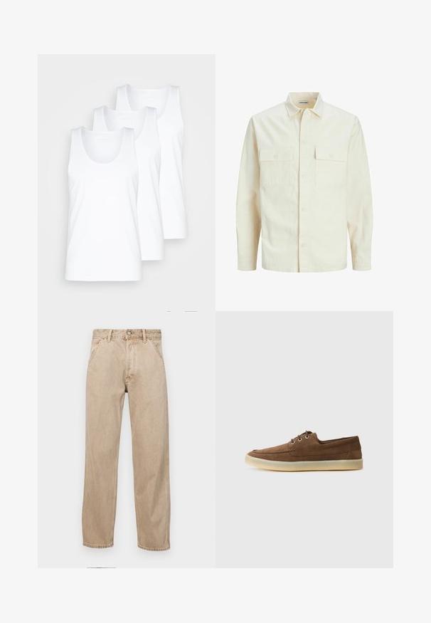 Világos bézs színű, hosszú ujjú ing, galléros nyakkal, két elülső zsebbel, gombos záródással és struktúrált anyaggal.; Három fehér pamut ujjatlan felső, kerek nyakkivágással és széles vállpántokkal, egymásra helyezve, sima textúrával, egyszerű dizájnnal.; Beige színű farmernadrág egyenes fazonnal, elülső zsebekkel, fém gombos záródással és diszkrét textúrával.; Barna velúr cipők alacsony profillal, fűzős kialakítással, gumitalppal és kontrasztos varrási részletekkel. Egyszerű és funkcionális stílus.