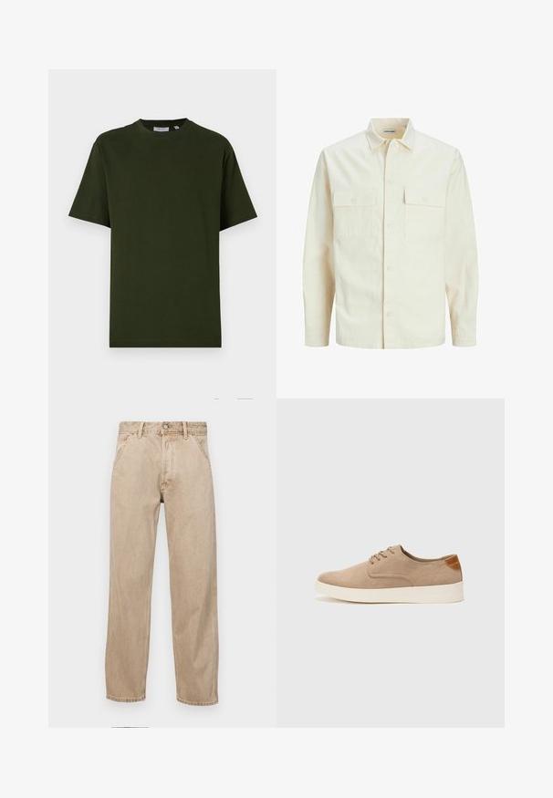 Svetlo béžová košeľa s dlhým rukávom, s golierom, dvoma prednými vreckami, zapínaním na gombíky a textúrovanou látkou.; Tmavozelené tričko s krátkymi rukávmi vyrobené z bavlny. Okrúhly výstrih, voľný strih a hladký povrch bez viditeľných vzorov alebo akcentov.; Bežové denimové rifle so strihom rovného nohu, s prednými vreckami, kovovým zapínaním na gombík a jemnou textúrou.; Béžové semišové tenisky s okrúhlou špičkou, šnurovaním vpredu a textúrovaným zadným akcentom. Biela gumová podrážka poskytuje kontrast. Jednoduchý a moderný dizajn.