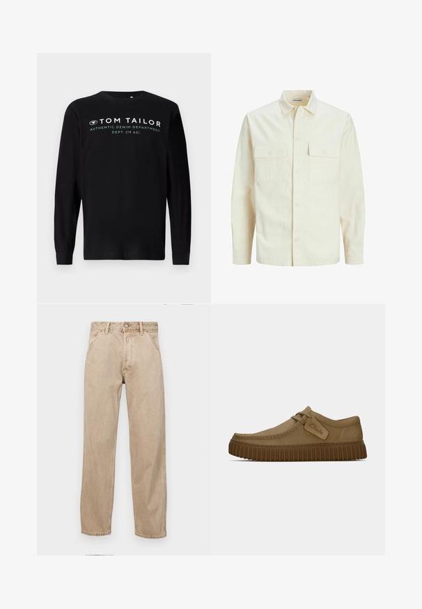 Hellbeige Langarmhemd mit klassischem Kragen, zwei Fronttaschen, Knopfverschluss und strukturiertem Stoff.; Schwarzes Langarm-T-Shirt aus Baumwolle mit Rundhalsausschnitt und weißem Text-Branding "TOM TAILOR AUTHENTIC DENIM DEPARTMENT" auf der Vorderseite.; Beige Denim-Jeans mit geradem Beinschnitt, ausgestattet mit Vordertaschen, einem Metallknopfverschluss und feiner Textur.; Hellbraune Wildlederschuhe mit runder Zehenpartie, genähten Details und einer gerippten braunen Gummisohle. Mit einem Seitenschild mit dem "Clarks"-Logo.
