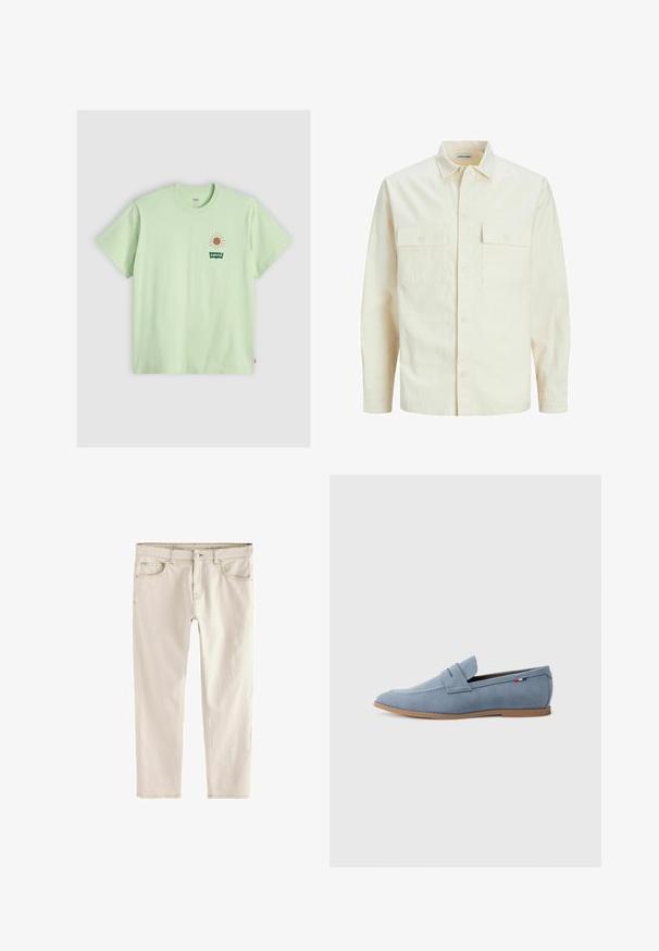 Kergedbež pika-särk pikkade varrukatega, krae ja kahe eespool asuva taskuga, nööpidega kinnitamine ja reljeefne materjal.; Hele roheline puuvillane T-särk, lühikeste varrukatega ja ümar kaelus. Särgil on vasakul rinnal heleoranž päikese graafika ja roheline Levi's logo.; Heledad beežid slim-fit teksad, otse lõikega, viie taskuga, nööbi ja tõmbluku kinnitusega ning tugevdatud õmblustega õmblustes.; Heledad sinine nahklohe mustriga, dekoratiivsete õmblustega ja pruunist kummist tallaga. Omab pealisosale paigutatud sentiava disaini.