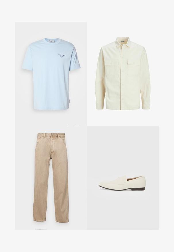 Šviesiai smėlio spalvos ilgomis rankovėmis marškiniai su apykakle, dviem priekinėmis kišenėmis, mygtukų uždarymu ir tekstūruota medžiaga.; Šviesiai mėlynas medvilninis marškinėlių su apvalia iškirpte modelis, turintis trumpas rankoves ir mažą tamsų užrašą "MARC O’POLO DENIM" ant krūtinės.; Smėlio spalvos džinsai su tiesia kojų siluetu, turintys priekinę kišenę, metalinį mygtuką ir subtilią tekstūrą.; Šviesiai smėliniai loaferiai su smailiu pirštu, lygaus paviršiaus, dirželiu per viršų ir žema ruda padanga. Paprastas dizainas su minimaliais akcentais.