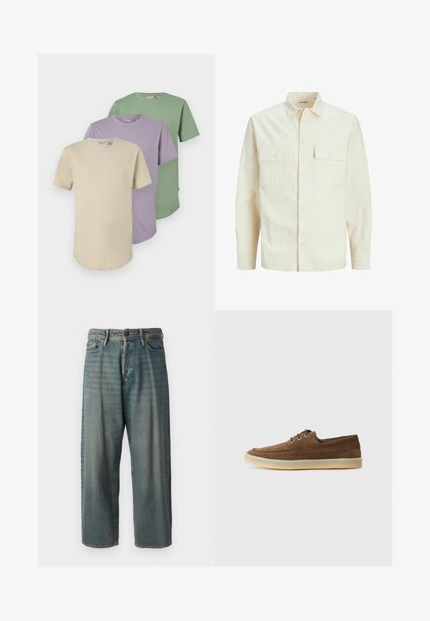 Svijetlo bež košulja dugih rukava s ovratnikom, dva prednja džepa, zatvaranje na dugmad i teksturirani materijal.; Tri majice s kratkim rukavima u nijansama krem boje, lavande i zelene. Izrađene od mekog pamuka, imaju okrugle izreze i ležeran kroj.; Svijetloplave traperice s širokim krojem, srednjim pojasom i ravnim nogavicama. Ima pet džepova, petlje za remen i kopčanje na gumb.; Smeđe antilop cipele s niskim profilom, vezane, gumenim potplatom i kontrastnim detaljima šivanja. Jednostavan i funkcionalan stil.