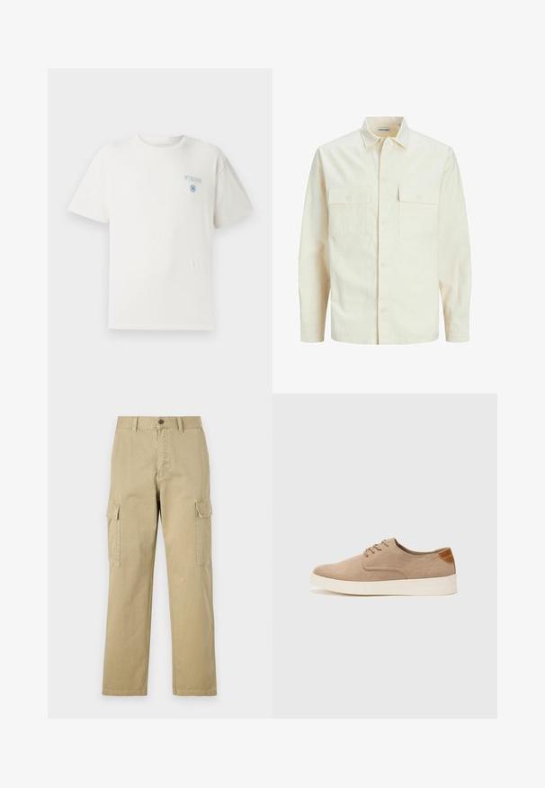 Camisa de manga larga color beige claro con cuello, dos bolsillos frontales, cierre de botones y una tela texturizada.; Camiseta de algodón blanca con cuello redondo, mangas cortas y un gráfico azul "MYKONOS" en el lado izquierdo del pecho, que presenta un elemento de diseño circular.; Pantalones cargo beige de algodón, con dos bolsillos laterales, cierre de botón y perneras rectas con una tela ligeramente texturizada.; Zapatillas de ante beige con puntera redondeada, cordones en la parte delantera y un acento texturizado en la parte trasera. La suela de goma blanca proporciona contraste. Diseño sencillo y moderno.