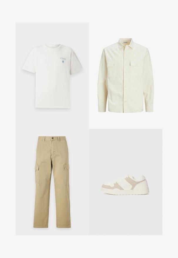 Kergedbež pika-särk pikkade varrukatega, krae ja kahe eespool asuva taskuga, nööpidega kinnitamine ja reljeefne materjal.; Valge puuvillane T-särk ümmarguse kaelusega, lühikeste varrukatega ning sinise "MYKONOS" graafikaga vasakul rinnal, mis sisaldab ringikujulist disainielementi.; Beige cargos, mis on valmistatud puuvillast, sisaldavad kahte küljetaskut, nööbiga sulgemist ja sirgeid jalgu, millel on kergelt tekstureeritud kangas.; Valge ja beež treeningjalats, millel on sujuvad ja sametised tekstuurid, ümar varvas, lukk nööbid ja tasane kummist tald.
