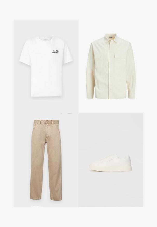 Lys beige langærmet skjorte med krave, to forlommer, knaplukning og et tekstureret stof.; Hvid bomulds t-shirt, korte ærmer, rund hals. Har et sort tekstlogo "JACK & JONES" på venstre brystområde. Enkelt, ensartet design.; Beige denimjeans med lige bendesign, med forlommer, metalknaplukning og subtil struktur.; Hvide slip-on sneakers med en struktureret overflade, en tyk sål og et minimalistisk design. Har brandlogoet på siden.