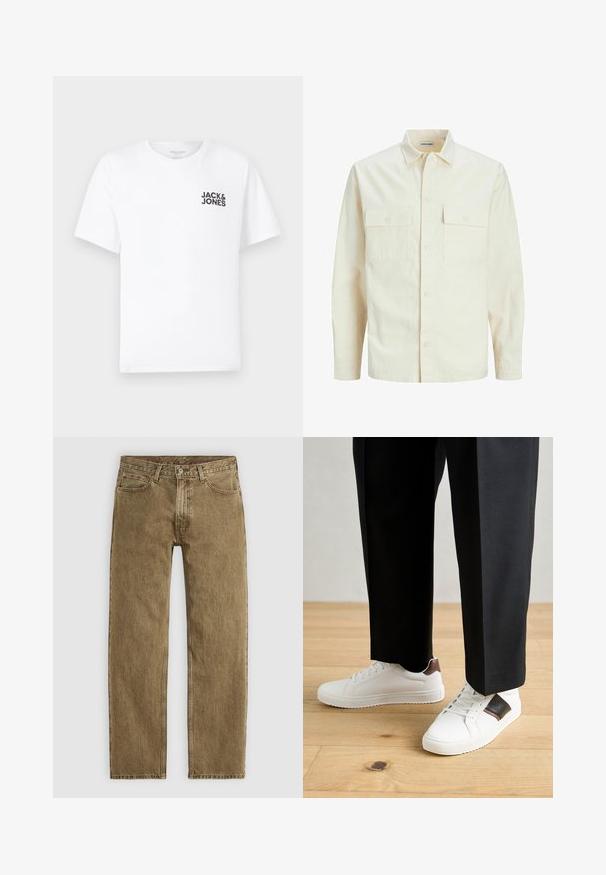 Svetlo béžová košeľa s dlhým rukávom, s golierom, dvoma prednými vreckami, zapínaním na gombíky a textúrovanou látkou.; Biely bavlnený tričko, krátke rukávy, klasický výstrih. Obsahuje čierny textový logotyp "JACK & JONES" na ľavej strane hrudníka. Jednoduchý, hladký dizajn.; Svetlohnedé džínsy z denimu s rovnou nohavicou, s piatimi vreckami a mosadznými doplnkami. Textúrovaná tkanina s viditeľnými švami.; Biele tenisky s hladkým povrchom, s hnedými koženými akcentmi a čiernymi detailmi, spárované s čiernymi elegantnými nohavicami. Pozadím je drevená podlaha.
