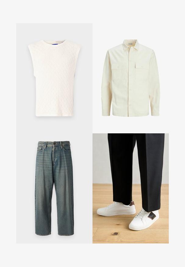 Svetlo bež srajca z dolgimi rokavi, ovratnim izrezom, dvema sprednjima žepoma, zapenjanjem na gumbe in teksturirano tkanino.; Bela brezrokavna majica z teksturiranim diamantnim vzorcem, rebrastim ovratnikom in robovi. Redna prileganje, lahka pletenina.; Svetlomoderne kavbojke z ohlapnim krojem, srednjim pasom in ravnimi nogami. Imajo pet žepov, zanke za pas in zapiranje na gumb.; Beli športni copati z gladko teksturo, okrašeni z rjavimi usnjenimi detajli in črnimi poudarki, v kombinaciji s črnimi krojenimi hlačami. Ozadje iz lesenih tal.