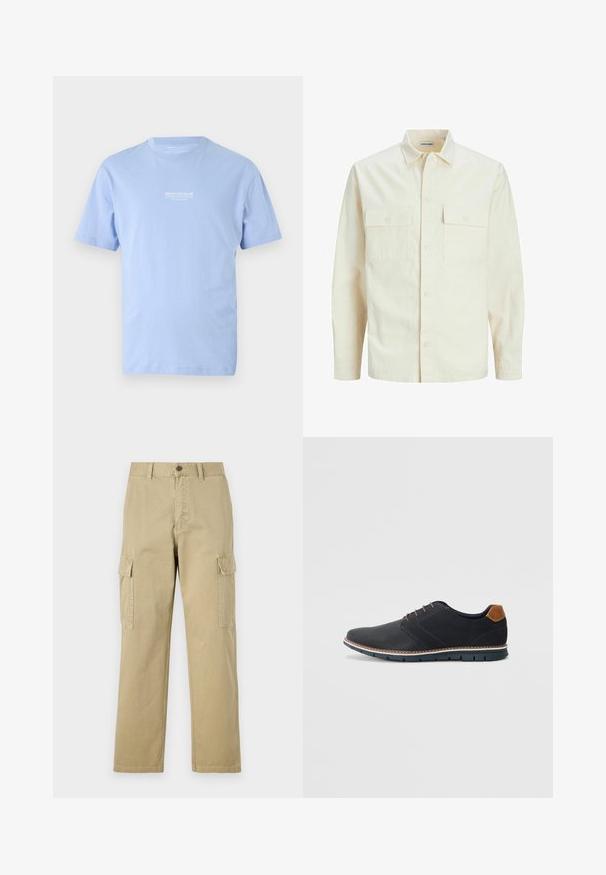 Šviesiai smėlio spalvos ilgomis rankovėmis marškiniai su apykakle, dviem priekinėmis kišenėmis, mygtukų uždarymu ir tekstūruota medžiaga.; Šviesiai mėlynas trumpomis rankovėmis T-shirt su apvaliu kaklu, su mažomis baltomis "DENIM TOM TAILOR" raidėmis, centruotomis ant krūtinės.; Kreminės spalvos cargos kelnės, pagamintos iš medvilnės, su dviem šoninėmis kišenėmis, mygtukų užsegimu ir tiesiomis kojomis, šiek tiek tekstūruotu audiniu.; Juodi sintetiniai batai su tekstūruotu paviršiumi, lygiomis detalėmis, ruda kulna ir kontrastingu padu. Yra minimalus raištelių užsidėjimas ir siuvimo detalės.