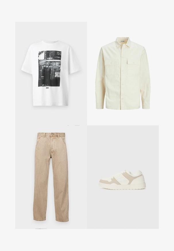 Gai bēšs garām piedurknēm krekls ar apkakles izgriezumu, divām priekšējām kabatām, pogu aizdari un teksturētu audumu.; Balta kokvilnas T-krekla ar melnbaltu fotogrāfiju, kurā attēloti četri cilvēki autobusā, ar tekstu un grafikām, kas saistītas ar teātri un autobusu maršrutu.; Beige džinsi ar taisnu kāju dizainu, ar priekšējiem kabatām, metāla pogu aizdari un smalku faktūru.; Baltas un bežs kedas ar gludu un zamšveida tekstūru apvienojumu, apaļu purngali, saiteņu aizdari un platu gumijas zoli.