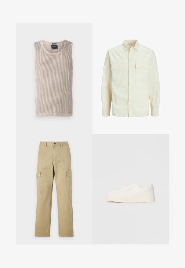Svijetlo bež košulja dugih rukava s ovratnikom, dva prednja džepa, zatvaranje na dugmad i teksturirani materijal.; Bežani rebrasti top bez rukava s okruglim izrezom, meke teksture. Oznaka ušivena unutar područja vrata, ravni rub.; Bež cargo hlače izrađene od pamuka, s dva bočna džepa, zatvaranjem na gumb i ravnim nogavicama od blago teksturirane tkanine.; Bijele slip-on tenisice s teksturiranom površinom, debelim đonom i minimalističkim dizajnom. Sadrže logo branda sa strane.
