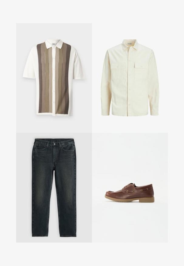 Lichtbeige langemouwen shirt met een kraaghalslijn, twee voorzakken, knoopsluiting en een gestructureerde stof.; Korte mouw gekleed overhemd met verticale strepen in beige, bruin en room; knoopsluiting; gebreide stof met een gestructureerd patroon.; Zwarte denim jeans met een rechte pijp, vijf zakken en subtiele vervagingsdetails. Voorzien van een knoop- en ritssluiting.; Bruine leren bootschoen met een ronde neus, gestructureerde zool, gouden oogjes en stiksel details langs het bovenwerk voor een klassieke uitstraling.