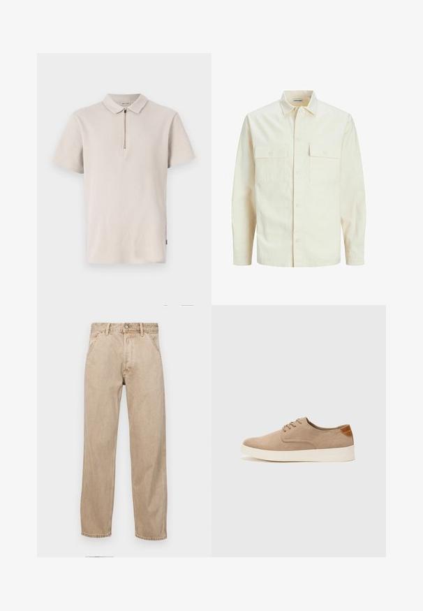 Gai bēšs garām piedurknēm krekls ar apkakles izgriezumu, divām priekšējām kabatām, pogu aizdari un teksturētu audumu.; Gaišbeigā īsām piedurknēm polo krekls ar rāvējslēdzēja apkakli, teksturētu audumu un sānu šķirbi. Iezīmēts ar smalku ribotu faktūru.; Beige džinsi ar taisnu kāju dizainu, ar priekšējiem kabatām, metāla pogu aizdari un smalku faktūru.; Beige zamšādas kedas ar noapaļotu purngala daļu, auklēm saplacinātu priekšpusi un teksturētu aizmugures akcentu. Balta gumijas zole nodrošina kontrastu. Vienkāršs un mūsdienīgs dizains.