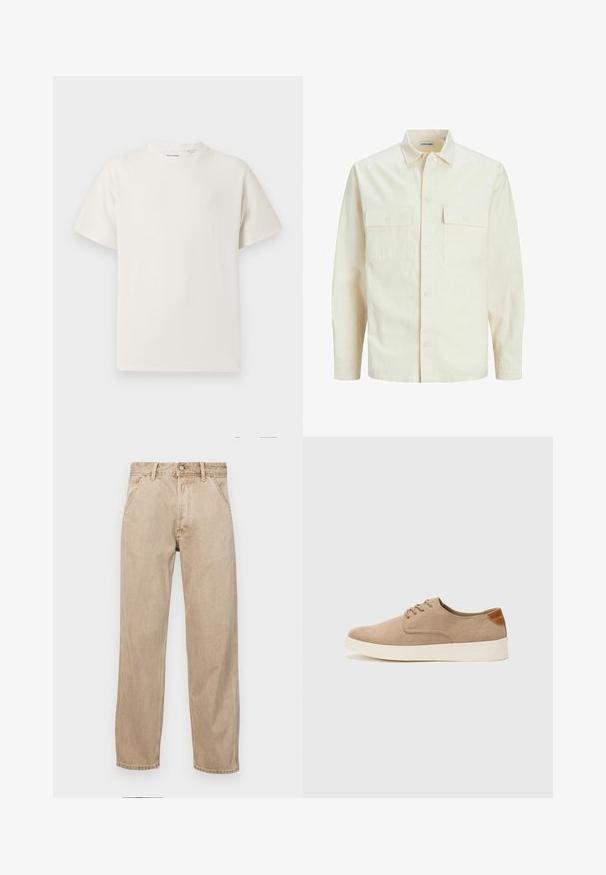 Jasno beżowa koszula z długim rękawem, z kołnierzykiem, dwoma kieszeniami z przodu, zapięciem na guziki i teksturowanym materiałem.; Biała krótka koszulka z krótkim rękawem o żebrowanej fakturze. Okrągły dekolt, luźny krój, brak widocznych wzorów lub akcentów. Prosty i uniwersalny design.; Beżowe dżinsy o prostym kroju, z przednimi kieszeniami, metalowym zapięciem na guzik i delikatną teksturą.; Beżowe zamszowe sneakersy z okrągłym noskiem, sznurowanym przodem i teksturowanym akcentem na tyle. Biała gumowa podeszwa tworzy kontrast. Prosty i nowoczesny design.
