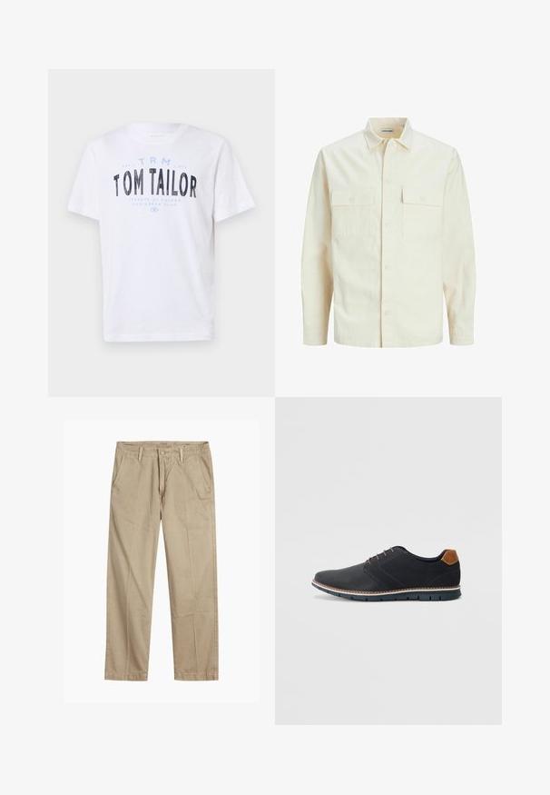 Šviesiai smėlio spalvos ilgomis rankovėmis marškiniai su apykakle, dviem priekinėmis kišenėmis, mygtukų uždarymu ir tekstūruota medžiaga.; Balta medvilninė marškinė su apvaliu iškirpimu ir trumpomis rankovėmis. Ant jų yra mėlynai ir juodai spausdintas tekstas: „TOM TAILOR“, „HAVANOS GATVĖS“ ir skaičiai.; Bežiniai tiesaus kirpimo chinos kelnės su diržo kilputėmis, priekyje esančia mygtuko ir užtrauktuko uždarymo sistema, bei šoninėmis kišenėmis.; Juodi sintetiniai batai su tekstūruotu paviršiumi, lygiomis detalėmis, ruda kulna ir kontrastingu padu. Yra minimalus raištelių užsidėjimas ir siuvimo detalės.