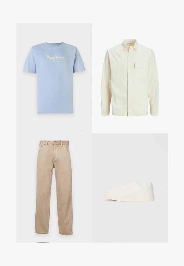 Gai bēšs garām piedurknēm krekls ar apkakles izgriezumu, divām priekšējām kabatām, pogu aizdari un teksturētu audumu.; Gaiši zils kokvilnas T-krekls ar apaļu kakla izgriezumu un īsām piedurknēm. Uz krūšu daļas ir redzams uzraksts "Pepe Jeans London" baltā kursīvā.; Beige džinsi ar taisnu kāju dizainu, ar priekšējiem kabatām, metāla pogu aizdari un smalku faktūru.; Baltas slip-on sporta apavi ar teksturētu virsmu, biezu zoli un minimālistisku dizainu. Sānos redzams zīmola logotips.