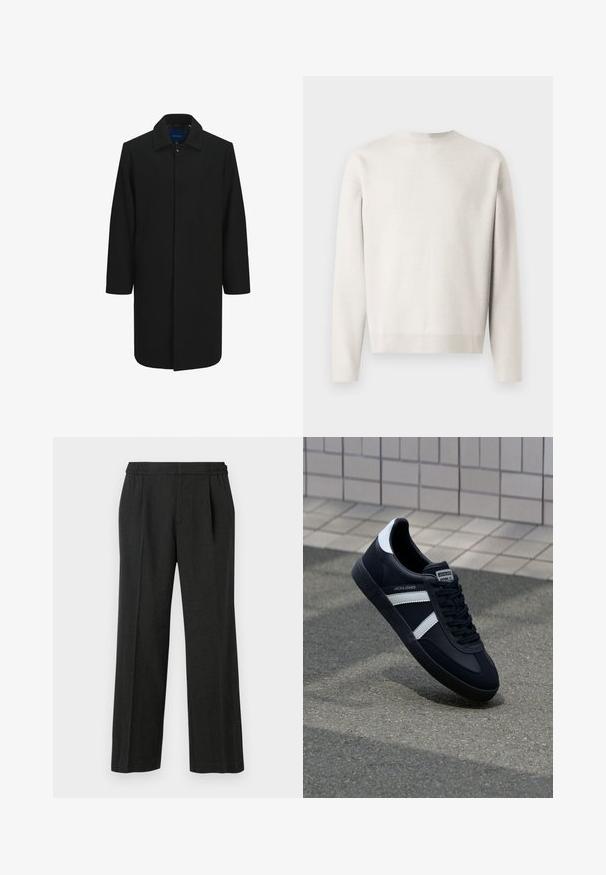 Schwarzer Wollmantel mit geradem Schnitt, Knopfschluss, großem Kragen und zwei seitlichen Taschen. Glatte Textur und minimalistisches Design.; Hellgrauer Strickpullover mit langen Ärmeln, Rundhalsausschnitt und gerippten Bündchen. Eine weiche Textur, lockere Passform und keine sichtbaren Muster.; Schwarze weit geschnittene Hose mit elastischem Bund, gefältelter Vorderseite und glatter Textur. Keine sichtbaren Muster oder Hardwaredetails.; Schwarze Leder-Sneaker mit weißen Streifen, strukturiertem Gummisohle und Schnürung. Verfügt über ein Markenetikett auf der Zunge.