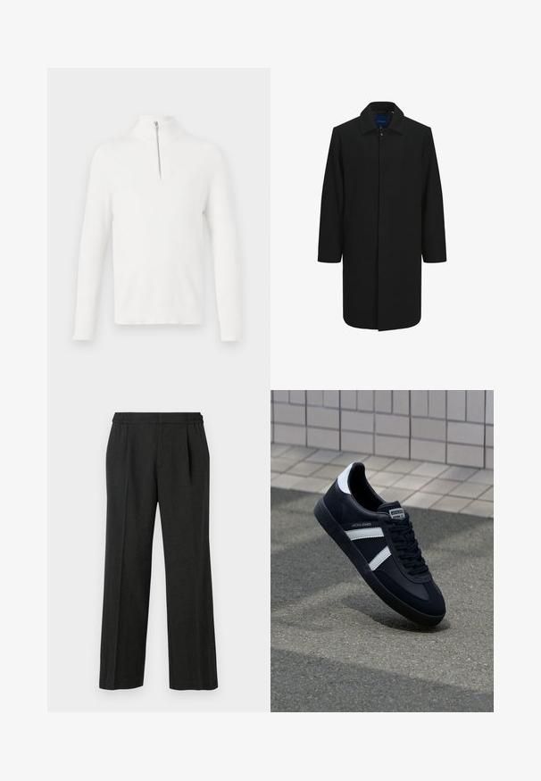 Black wool coat with a straight cut, button closure, large collar, and two side pockets. Smooth texture and minimalistic design.; White, ribbed knit pullover with long sleeves and a high neck. Features a silver zippered front detail. Soft texture and fitted shape.; Black wide-leg pants with an elastic waistband, pleated front, and smooth texture. No visible patterns or hardware details.; Black leather sneaker with white stripes, textured rubber sole, and lace-up front. Features a branded label on the tongue.