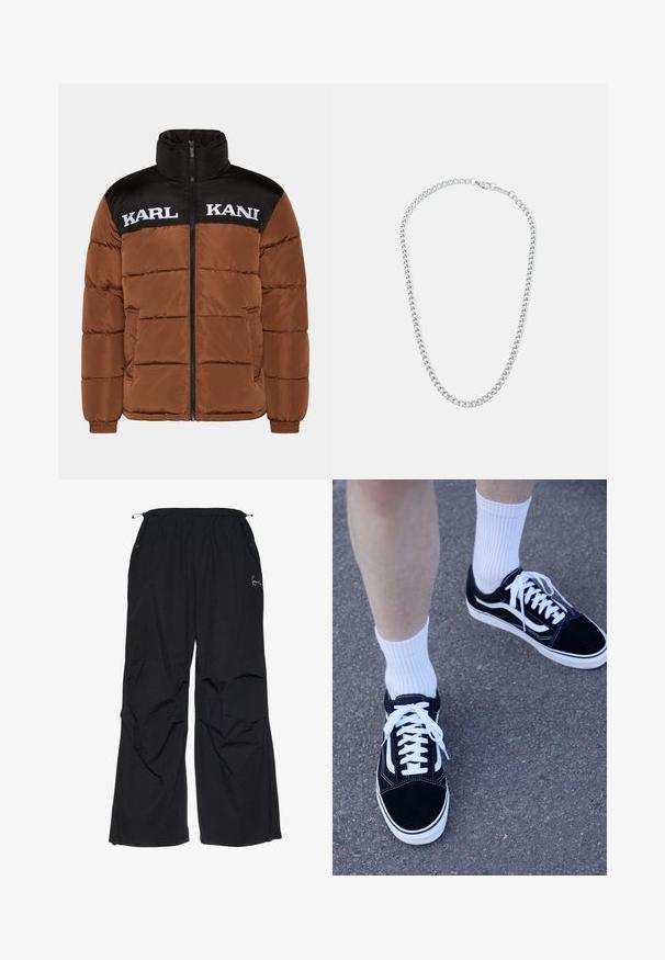 Barna puffertakaró fekete felső résszel. Magas gallérral, elöl cipzárral záródik, fehér logós szöveggel és steppelt párnázással rendelkezik.; Fehér pamut póló kerek nyakkivágással és rövid ujjakkal, a mellkasán középen elhelyezett fekete hímzett logóval.; Fekete, laza szabású nadrág, gumis derékkal, két oldalsó zsebbel és diszkrét hímzett logóval az elején. Könnyű anyag.; Fekete velúr sportcipők fehér díszítéssel és fűzőkkel, fehér bordázott crew zoknikkal párosítva, egy textúrált szürke felületen elhelyezve.; Ezüst színű fém lánc nyaklánc, amely összekapcsolt gyűrűkből áll, biztonságos kapoccsal, sima felülettel, egyenletes kidolgozással és klasszikus dizájnnal.