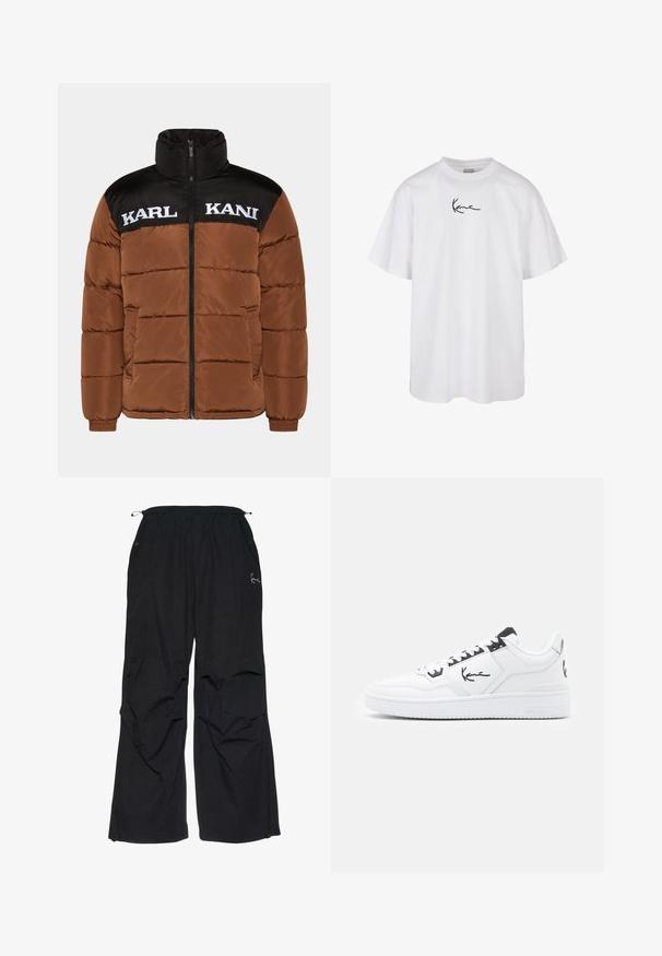 Brun pufferjakke med sort øverste sektion. Har høj krave, lynlås foran, hvid logo-tekst og quilted polstring.; Hvid bomuld t-shirt med rund hals og korte ærmer, med et sort broderet logo centreret på brystet.; Sort, løstsiddende bukser med elastisk talje, to sidelommer og et diskret broderet logo foran. Letvægtsstof.; Hvide lædersneakers med sorte detaljer, der har et signaturlogo på siden, rund tå og tekstureret gummisål.