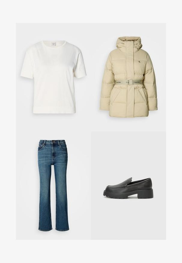 Beez puffer-jakk, millel on kapuuts, tikitud disain, vöökoht ja kaks esist pockets. Omab õrna logo rinna peal ja sile tekstuur.; Valge puuvillane T-särk lühikeste varrukatega, ümmarguse kaelusega ja veidi lõdva sobivusega. Kangas on sile ja pehme tekstuuriga.; Kõrge vöökohaga sinised teksad, mis on valmistatud denimist, sirge jalaga disain, kerge pleekimine ning tavaline nööp ja tõmblukk.; Mustad nahast loafers ümarate varvastega, paksu tekstuuriga tald ja minimaalsete õmbluse detailidega. Viimistletud disain, kus pole nähtavaid paelu ega riistu.