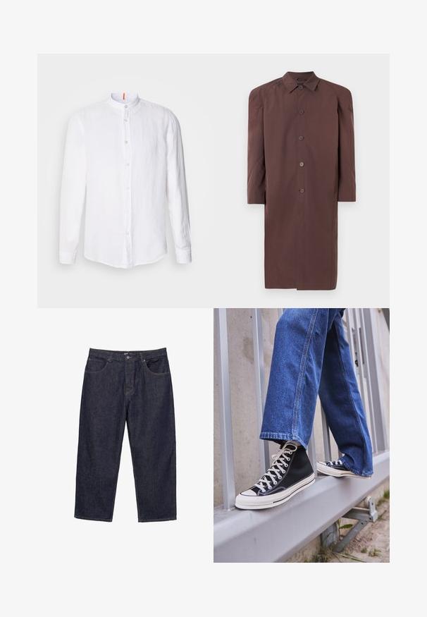 Ruskea pitkä takki, jossa on kaulus, nappilista ja raglan-hihat. Silkkinen kangas, jossa on maltillinen kiilto eikä näkyviä kuvioita.; Valkoinen pellavapaita, jossa on mandariinikaulus, edessä nappisulku, pitkät hihat ja hienovarainen rakenne. Huomattava oranssi yksityiskohta kauluksessa.; Tummansiniset suorat farkut etuosan napilla ja vetoketjulla, joissa on viisi taskua, esitelty valkoista taustaa vasten.; Mustat high-top tennarit valkoisella pohjalla ja nauhoilla, yhdistettynä väljään sinisiin farkkuihin, lepäävät harmaalla kaiteella.