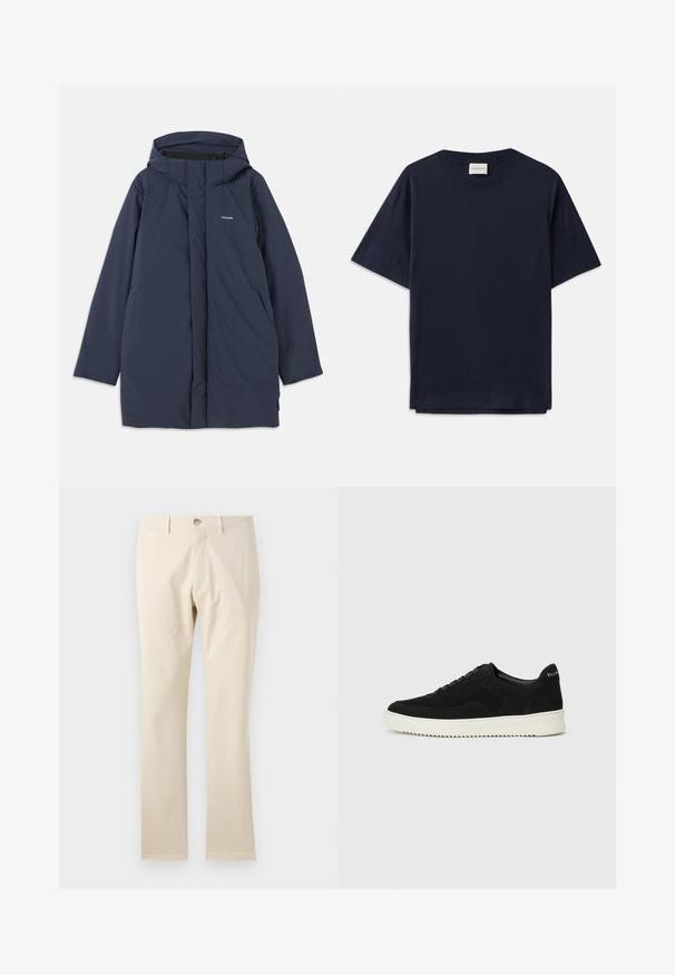 Tumedat sinine veekindel parka jakk kapuutsiga, millel on ees lukuga sulgemine, kaks küljetaskut ja minimaalne brändilogo rinna piirkonnas.; Tumed sinine puuvillane T-särk lühikeste varrukatega, ümar kaelus ja lõdva istuvusega. Kaelasildil on kiri "CLOSED". Sile tekstuur.; Beežid puuvillased püksid, sirge säärega disain, nupuga sulgemine ja vööpaelad, sile tekstuur ning nähtavad mustrid või aksessuaarid puuduvad.; Mustad suede jooksujalatsid, millel on paelad ja kontrastne valge kummitald. Omab tekstuuriga külgpaneele ja tagasihoidlikku brändimist kandadel.