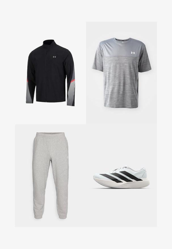 Zwarte sportjack met een hoge kraag en voorkeursrits. Voorzien van grijze en rode accenten op de mouwen, met een gestreept patroon op de grijze delen.; Grijze sport t-shirt gemaakt van ademend materiaal. Bevat een glad bovenpaneel, een gestructureerd onderlichaam en het Under Armour logo op de borst.; Grijze joggingbroek met een getailleerde pasvorm, elastische tailleband en boorden. Zacht stof met een subtiele textuur. Beschikt over een klein wit logo aan de zijkant.; Lichte hardloopschoenen in lichtblauw met zwarte strepen. Beschikt over een soepele bovenkant, ronde neusstuk en dikke witte tussenzool met het label "LIGHTSTRIKE PRO."