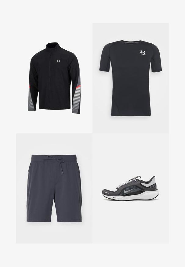 Schwarze Sportjacke mit hohem Kragen und Frontreißverschluss. Verfügt über graue und rote Akzente an den Ärmeln, mit einem gestreiften Muster in den grauen Bereichen.; Schwarzes kurzärmliges Sportshirt aus feuchtigkeitsableitendem, elastischem Material. Verfügt über einen runden Halsausschnitt und ein kleines weißes Logo auf der Brust.; Dunkelgraue Shorts mit elastischem Bund und Kordelzug. Glattes Material, zwei Seitentaschen und knielanger Schnitt. Keine sichtbaren Muster.; Schwarzer und grauer Sportschuh mit einem Mesh-Obermaterial, reflektierenden Akzenten und einer weißen Zwischensohle. Verfügt über eine strukturierte Gummisohle und Schnürsenkel.