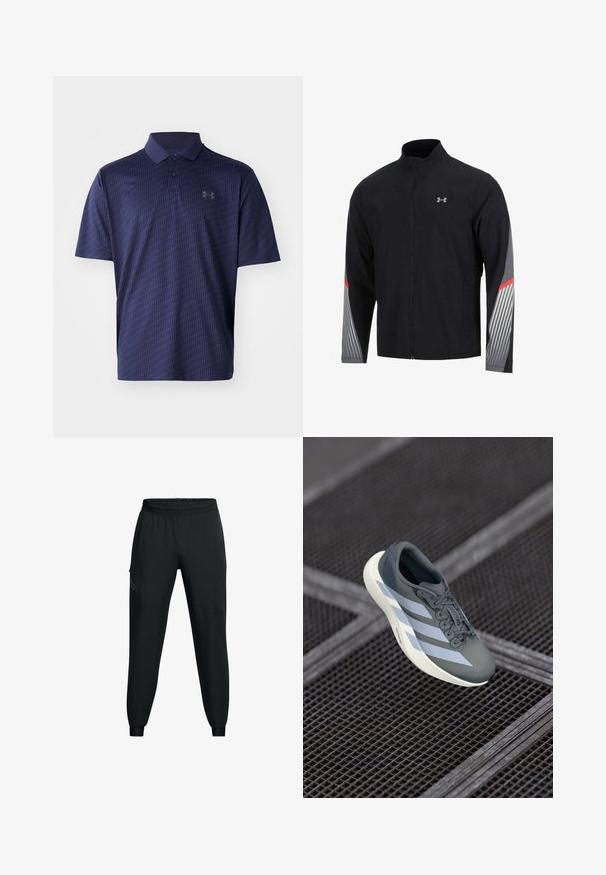 Chaqueta deportiva negra con cuello alto y cremallera frontal. Presenta acentos en gris y rojo en las mangas, con un patrón a rayas en las áreas grises.; Polo de color azul marino hecho de tejido transpirable, con un patrón geométrico texturizado y una tapeta de tres botones. Pequeño logo en el pecho.; Pantalones deportivos negros con cinturilla elástica, diseño de pierna ajustada, bolsillos laterales y detalles de paneles en contraste. Tejido ligero y suave.; Zapatilla deportiva en gris y blanco, hecha de material sintético, con un diseño aerodinámico, acabado texturizado y un sistema de cordones prominente.