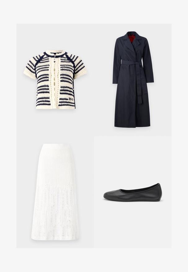 MAX&Co. TECNOLONG - Trenchcoat - navy; Knitted short-sleeve cardigan in cream and navy stripes, featuring a button closure and delicate crochet detail along the edges.; White long-sleeve shirt with a pointed collar, front button closure, and fitted design. Smooth cotton fabric with subtle stitching details.; Knit white midi skirt featuring a textured pattern with vertical lines and cut-out details near the hem. Elastic waistband. Soft material.; Black leather ballet flat with a rounded toe, smooth texture, minimal stitching detail, and a flexible sole design.