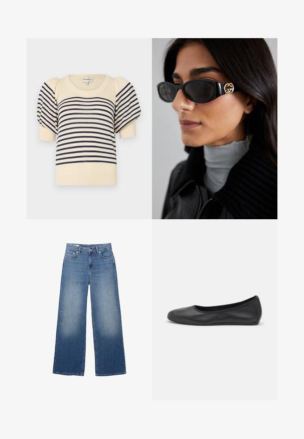 MAX&Co. TECNOLONG - Trenssi - navy; Kermakuvioinen neulepaita, jossa on tummansinisiä vaakaraitoja. Siinä on lyhyet puffihihat ja pyöreä ribbireuna. Pehmeää neulottua materiaalia.; Valkoinen pitkähihaine paita, jossa on terävä kaulus, edessä napitus ja muotoiltu malli. Sileä puuvillakangas, jossa on hienovaraisia ompeluyksityiskohtia.; Valkoiset, vaaleansiniset farkut, joissa on leveät lahkeet ja haalistunut ilme. Viisi taskua ja nappikiinnitys vyötäröllä. Puuvillamateriaali, suora leikkaus.; Musta nahkainen ballerina, jossa on pyöristetty kärki, sileä pinta, minimaalinen ommelkoristelu ja joustava pohjamuotoilu.; Mustat aurinkolasit, joissa on tyylikäs suorakulmainen kehys ja kultainen logo-akkentti sivussa. Tumma linssit ja kiiltävä pinta ovat huomattavissa.