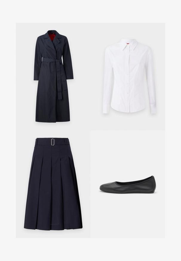 MAX&Co. TECNOLONG - Trenčkot - navy; Bela srajca z dolgimi rokavi in izrezom za ovratnik, sprednjim gumbom in prilegajočim se dizajnom. Gladek bombažni material z subtilnimi šivnimi detajli.; Mornarska nabirana krila s tekstilnim pasom in pravokotno srebrno spono, ima razširjeno silhueto in gladko površino.; Črne usnjene balerinke z zaobljenim nosom, gladko teksturo, minimalnimi šivi in fleksibilno zasnovo podplata.