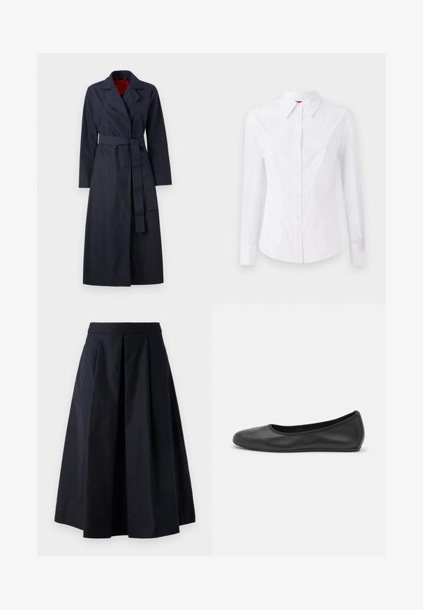 MAX&Co. TECNOLONG - Trenchcoat - navy; Hvid langærmet skjorte med spids krave, frontlukning med knapper og tætsiddende design. Glat bomuldsstof med subtile syninger.; Sort A-linje nederdel lavet af glat stof, med plisséer og en bred talje. Nederdelen falder lige over anklen.; Sort læderballetsko med rund tå, glat tekstur, minimal syning og et fleksibelt såldesign.