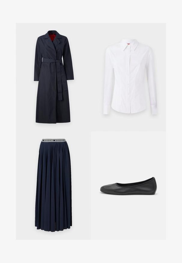 MAX&Co. TECNOLONG - Trenchcoat - navy; White long-sleeve shirt with a pointed collar, front button closure, and fitted design. Smooth cotton fabric with subtle stitching details.; WEEKEND MaxMara BLEU - Maxi skirt - navy; Black leather ballet flat with a rounded toe, smooth texture, minimal stitching detail, and a flexible sole design.