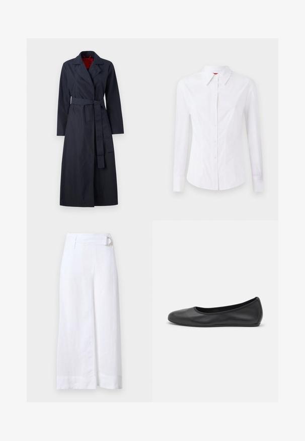 MAX&Co. TECNOLONG - Trenchcoat - navy; White long-sleeve shirt with a pointed collar, front button closure, and fitted design. Smooth cotton fabric with subtle stitching details.; White linen culottes with a wide-leg design, featuring a belt with a circular metal buckle and flat front pleats.; Black leather ballet flat with a rounded toe, smooth texture, minimal stitching detail, and a flexible sole design.