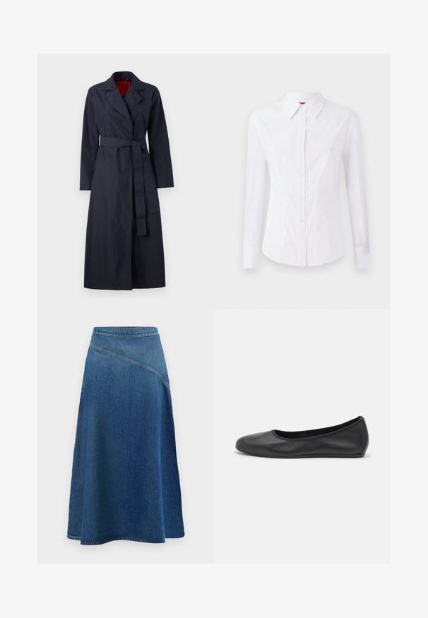 MAX&Co. TECNOLONG - Šineļveida mētelis - navy; Balta garām piedurknēm krekls ar norādītu apkakli, priekšējo pogu aizdari un pieguļošu piegriezumu. Viegla kokvilnas auduma ar smalkiem šuvju akcentiem.; Tumši zila denim A veida svārki ar augstu vidukli, diagonālām šuvēm un izplestu apakšējo malu, nodrošinot brīvu un ērtu piegriezumu.; Melna ādas baleta kurpe ar noapaļotu purngalu, gludu tekstūru, minimālu šuvju detalizāciju un elastīgu zoles dizainu.