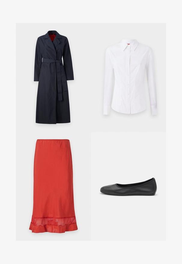 MAX&Co. TECNOLONG - Trenci - navy; Cămașă albă cu mâneci lungi, guler ascuțit, închidere cu nasturi pe față și design ajustat. Material din bumbac neted cu detalii de cusătură subtile.; Fustă roșie dintr-un material neted, cu un accent din plasă la margine. Fusta are o siluetă ajustată și un edge dantelat la baza.; Balerini din piele neagră, cu vârf rotund, textură netedă, detalii de cusătură minimale și un design al tălpii flexibil.